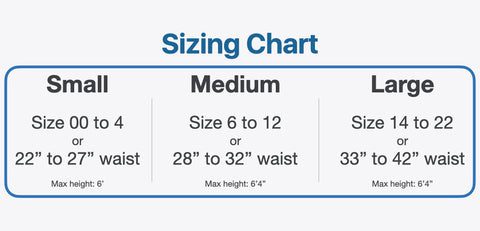 Sizing chart - size 00 to size 4 and 22 inch to 27 in waist, choose small. Size 6 to 12 or 28 inch to 32 inch choose medium. Size 14 to 22 or 33 inch to 42 inch choose large